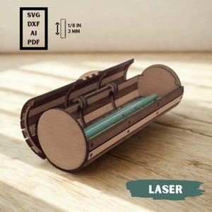 Estuche redondo para lápices - Modelo de madera cortado a láser de 3 mm (1/8") - Archivo digital SVG-DXF-AI. Bisagra descentrada innovadora con tornillos M3 e imanes.