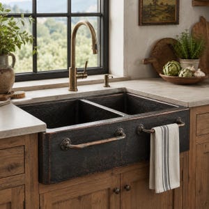 May include: A double-basin farmhouse sink with a dark, hammered copper finish and a front-mounted metal towel bar. A white and gray striped kitchen towel hangs from the bar. The sink is paired with a tall, arched, antique brass kitchen faucet.