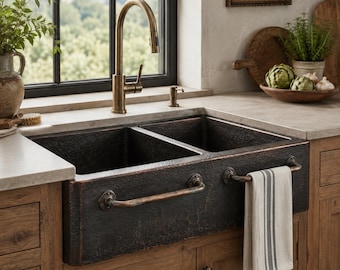 Black Patina Copper Farmhouse Kitchen Sink, Hammered Double Bowl Apron Front, Multiple Sizes