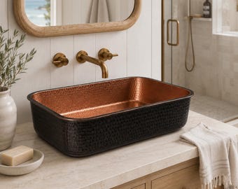 Hammered Copper Vessel Sink, Black Patina Bathroom Basin, Rustic Artisan Bowl