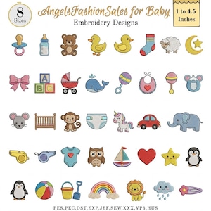 Puede incluir: Una colección de diseños de bordado con temática de bebé. Los diseños incluyen un chupete, un biberón, un oso de peluche, un pato, un calcetín, una oveja, una luna, un lazo, bloques, un cochecito, una ballena, una sonaja, un babero, un ratón, una cuna, un mono, un pañal, un unicornio, un coche, un elefante, un silbato, un búho, un velero, un corazón, una estrella, un pingüino, una pelota, un cubo, una pala, un arcoíris, un león, una nube y una pinza para el pelo.
