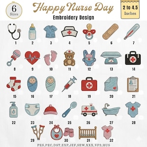 Puede incluir: Un conjunto de diseños de bordado para el Día de la Enfermera Feliz, con iconos médicos y relacionados con bebés. Incluye un estetoscopio, biberón, gorro de enfermera, chupete, tirita, termómetro, sonajero, corazón, pies de bebé, osito de peluche, portabebés, báscula, bolsa médica, calcetines, pañales, jeringa, botiquín y más.