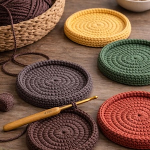 May include: A collection of handmade crochet coasters in various colors: yellow, green, orange, and brown. A crochet hook and yarn are also visible, suggesting a DIY craft project. The coasters are arranged on a wooden surface.