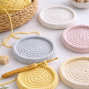 Può includere: Sottobicchieri all'uncinetto fatti a mano in bianco, rosa, grigio e giallo. Sono visibili anche un uncinetto e del filo. I sottobicchieri sono circolari con un motivo a spirale, perfetti per l'arredamento della casa. L'uncinetto è da 4 mm.