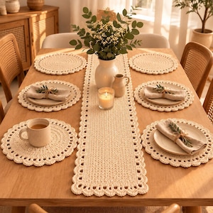 May include: A cream-coloured crocheted table runner and matching circular placemats with scalloped edges arranged on a wooden dining table. The setting includes ceramic plates, linen napkins tied with twine, a mug, a white vase, and a candle.
