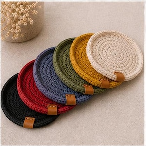 Elevated Crochet Coaster Pattern: Spiral Design with Elevated Edges And Leather Tag DIY Home Decor (PDF Download)
