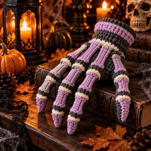 Häkelanleitung für eine Skeletthand (PDF), Halloween-Amigurumi-Hand, gruselige Skelett-Dekoration, gotischer Taschenanhänger, Halloween-Häkelanleitung.