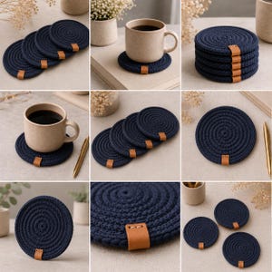 May include: A set of round, navy blue woven rope coasters featuring a spiral pattern and a small, tan leather accent tab stitched onto the edge. The coasters are designed for drink placement and provide a textured surface for mugs or glasses.