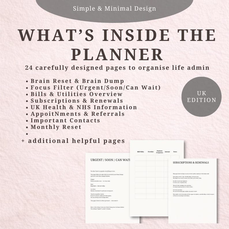 May include: A planner titled "WHAT'S INSIDE THE PLANNER" with a list of features, such as "Brain Reset & Brain Dump" and "Subscriptions & Renewals." The planner is marked as "UK EDITION" and includes additional helpful pages.