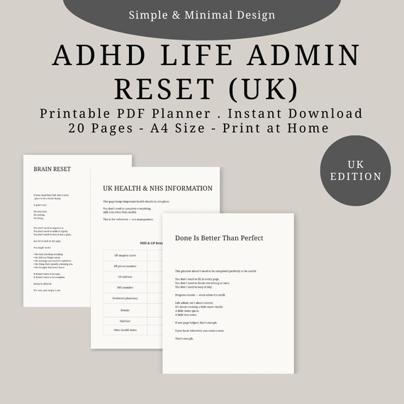 ADHD Life Admin Planner Printable | Executive Function Planner | Overwhelmed Minds Reset System | Bills & Subscriptions Organiser | UK PDF