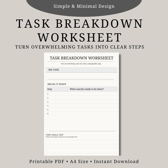 ADHD Task Breakdown Worksheet Printable, Productivity Planner, Overwhelm Reset Tool, Focus Planner, Minimal A4 Printable PDF