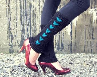 Leg Warmers Knit  Blue Black Heart Valentines Day Teen Leggings Womens  Ladies Adult Crochet