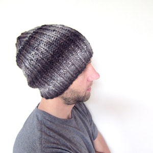 Hand Knit Slouchy Beanie, Mens Loose Knit Striped Hat