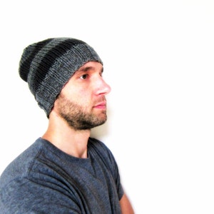 Hand Knit Striped Slouchy Beanie - Gray Skull Cap