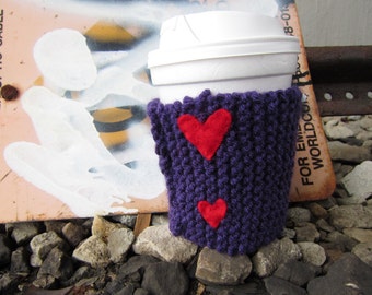 Coffee Cozy -  Knitted coffee Cozy, Coffee Sleeve, Purple Cozy, Cute coffee cozy, Fun coffee cozy, Stocking Stuffer, mug warmer