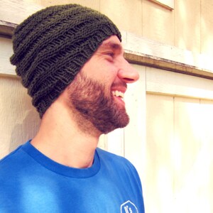 Knit Mens Hat Knitted Green Man Beanie Unisex Earthy Winter Cap Womens Crochet