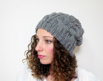 Cable Knit Hat Womens Slouchy Beanie Gray Knitted Hats Etsy Beanies Loose Crochet Accessories Handmade Hats Hipster Winter Accessory Warm