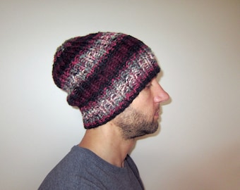 Hand Knit Slouchy Beanie: Multicolor Striped Knit Hat