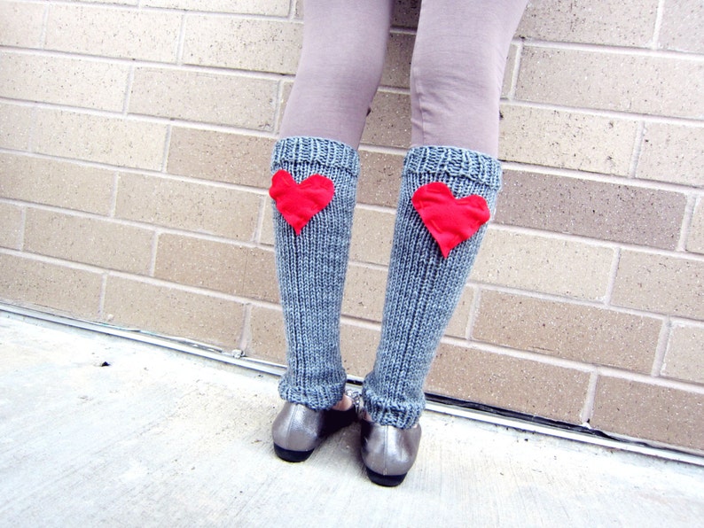 Leg Warmers Knit Gray Red Heart Valentines Day Teen Leggings Womens Ladies Adult Crochet image 3