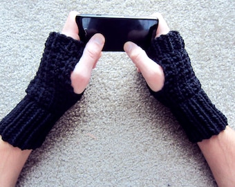 Mens Fingerless Gloves Black Knit - Unisex Fingerless Gloves Large Fingerless Gloves Crochet Texting Gloves