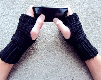 Guantes negros sin dedos tejidos a mano – Guantes unisex de crochet para mensajes de texto