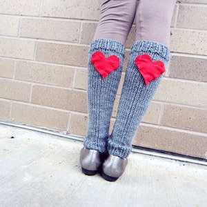 Leg Warmers Knit Gray Red Heart Valentines Day Teen Leggings Womens Ladies Adult Crochet image 1