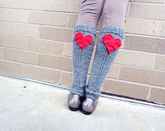 Leg Warmers Knit Gray Red Heart Valentines Day Teen Leggings Womens Ladies Adult Crochet