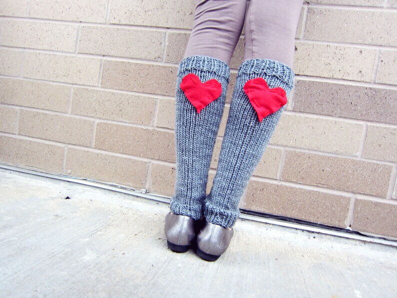 Leg Warmers Knit Gray Red Heart Valentines Day Teen Leggings Womens Ladies Adult Crochet image 1