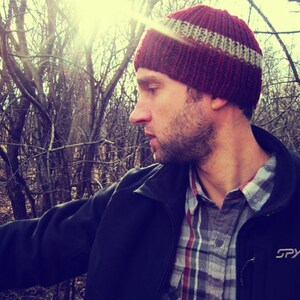 Knit Mens Hat Knitted Red Tan Man Beanie Unisex - Made to Order