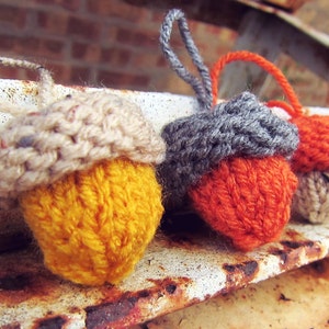 Knit Acorn Ornaments Crochet Autumn Thanksgiving Decor Orange Gray Yellow Fall Decoration Set of Three