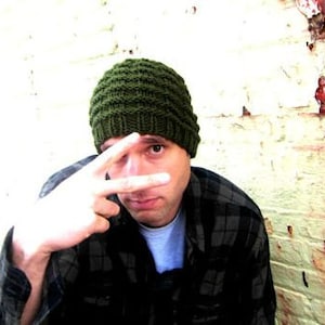 Knit Mens Hat Knitted Green Man Beanie Unisex Earthy Winter Cap Womens Crochet