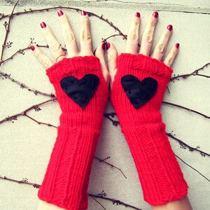 Heart Fingerless Gloves Red Black Knitted Crochet Long Hand Warmers Womens