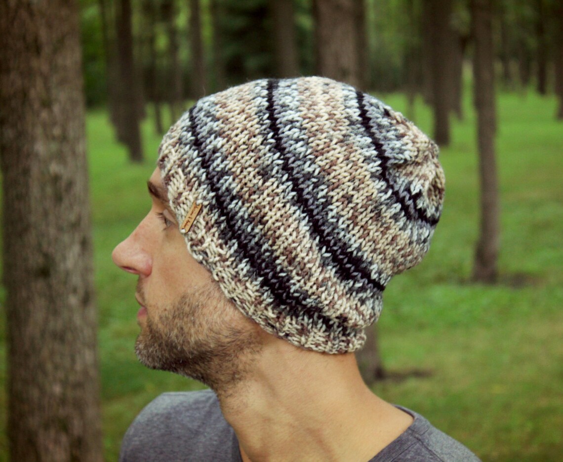 Knit Mens Hat Knitted Gray Man Beanie Striped Winter Cap - Etsy