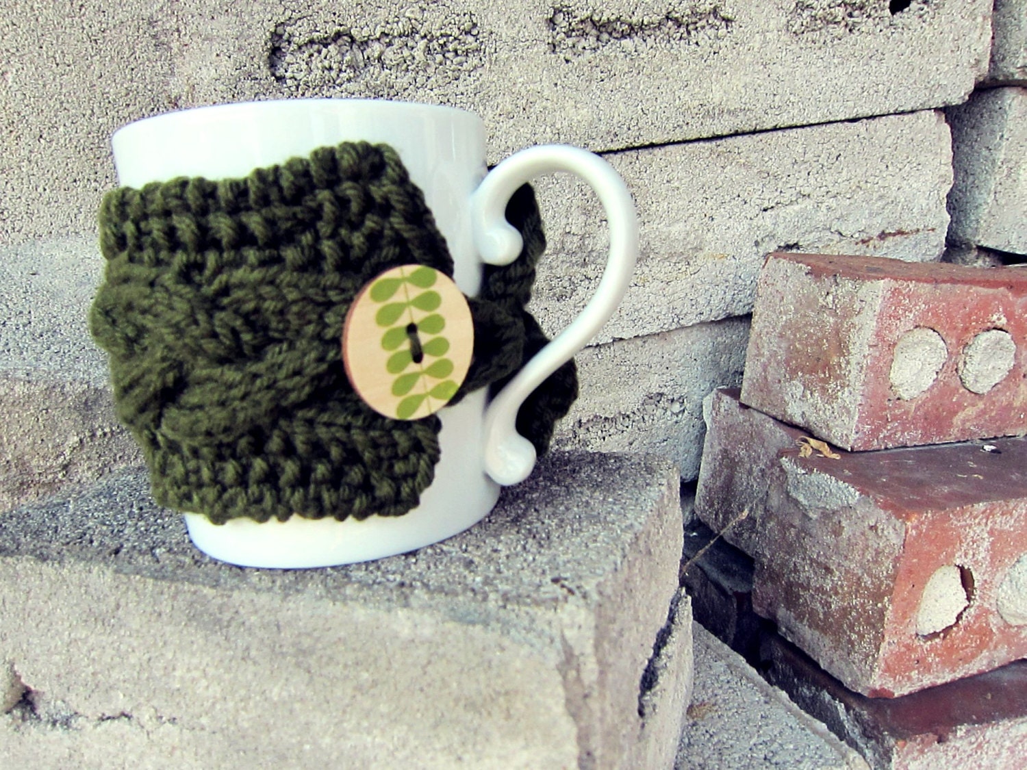 Cup Cozy Knitted Mug Warmer Coffee Olive Green Autumn Leaf Button Loop ...
