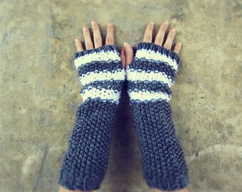 Fingerless Gloves Long Striped Knit Grey and White Accessories Arm Warmers Knitted Crochet Womens - MADE TO ORDER