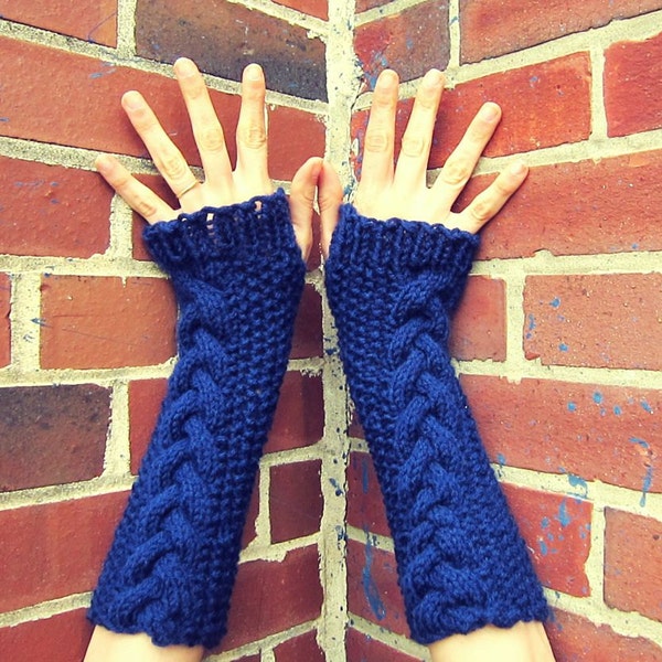 Guantes sin dedos de punto trenzado tejidos a mano, calentadores de brazos azul oscuro
