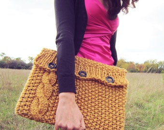 Knitted Laptop Sleeve Computer Cozy Electronic Case Mustard Yellow Cable Knit With Buttons Gadget Accessories