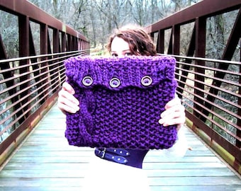 Knitted Laptop Sleeve Computer Cozy Electronic Case Purple Cable Knit With Buttons Gadget Accessories Plum