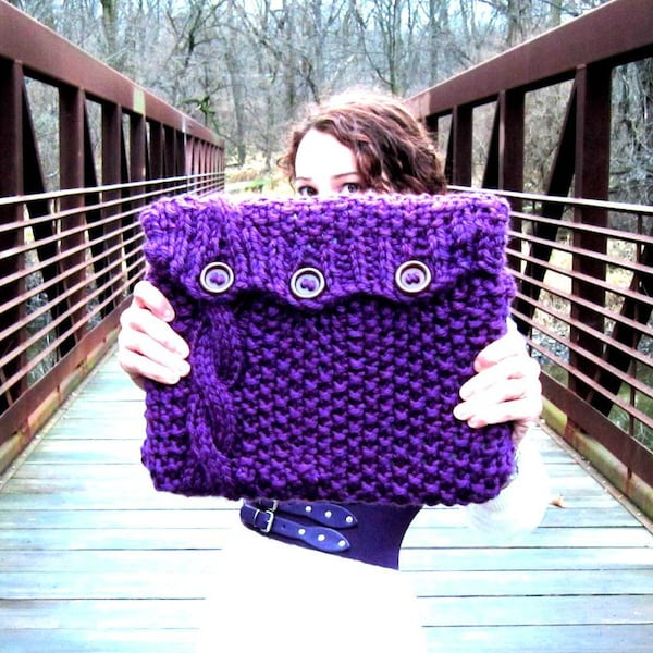 Knitted Laptop Sleeve Computer Cozy Electronic Case Purple Cable Knit With Buttons Gadget Accessories Plum