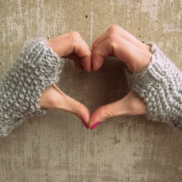Hand Knit Grey Fingerless Gloves – Short Women's Knit Wrist Warmers