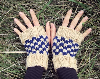 Womens Knit Glove White Fingerless Gloves Ladies Hand Warmers Blue Wrist Warmer Women Knitted Accessories Warm Etsy Mittens Handmade Knits