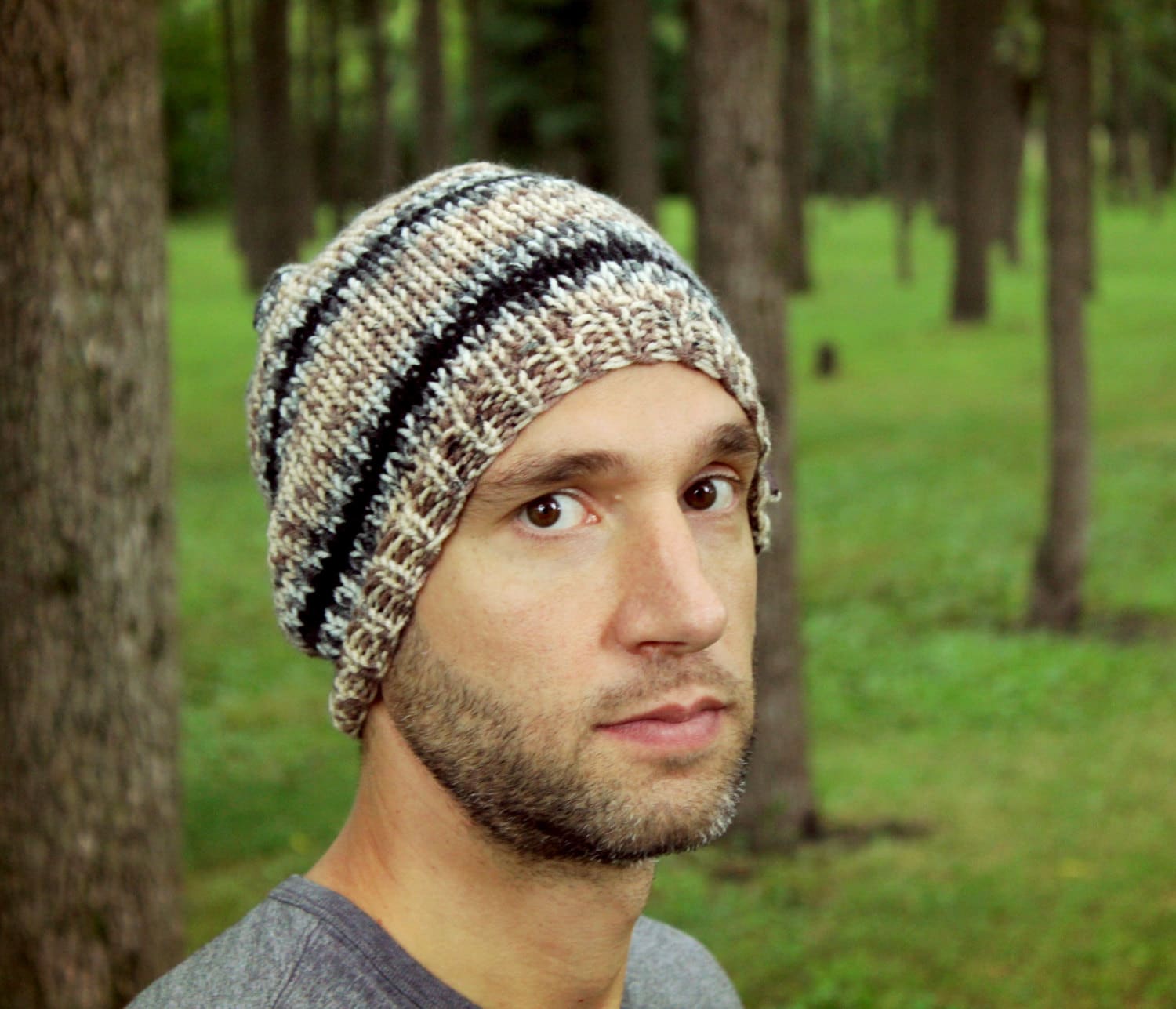 Knit Mens Hat Knitted Gray Man Beanie Striped Winter Cap Womens Crochet