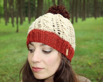PomPom-mössa för vuxna, pompommössa för kvinnor, stickade mössor för hösten, stickad mössa för hösten, orange brun, accessoarer, skidmössa för dam, vinterpresentidéer