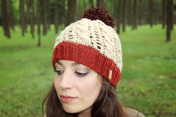PomPom Beanie Adult Pom Pom Hat Womens Beanies Fall Knit Hats Autumn Knitted Cap Orange Brown Accessories Ladies Ski Hat Winter Gift Ideas