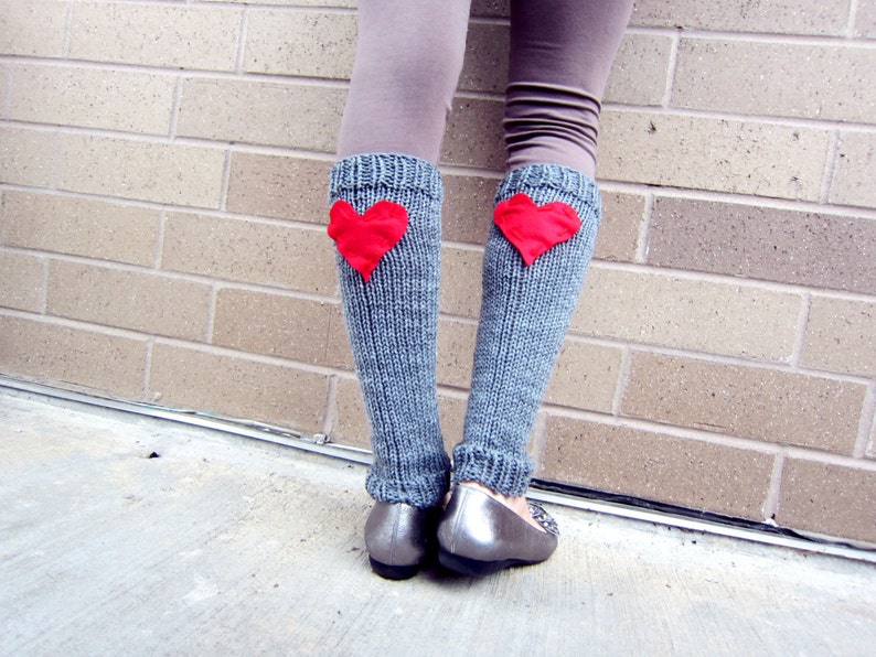 Leg Warmers Knit Gray Red Heart Valentines Day Teen Leggings Womens Ladies Adult Crochet image 2