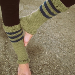 Hand Knitted Leg Warmers – Taupe and Blue Striped, Made To Order