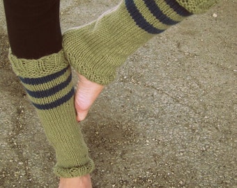 Leg Warmers Knittted Tan Blue Striped Leggings Teen Womens Ladies Taupe Navy - Made To Order