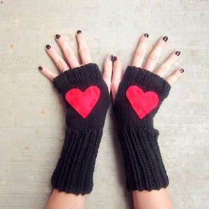 Heart Fingerless Gloves Red Black Knitted Crochet Long Hand Warmers Womens Texting Gloves