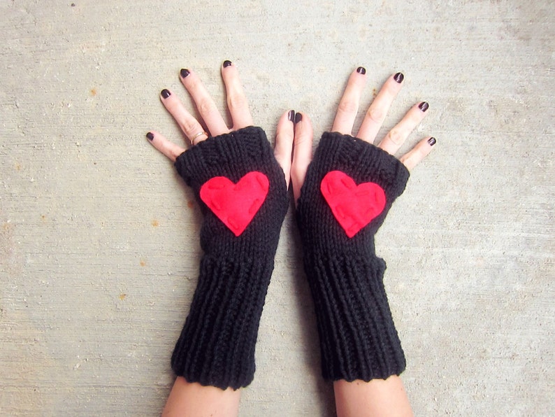 Heart Fingerless Gloves Red Black Knitted Crochet Long Hand | Etsy