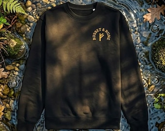 Felpa minimalista con ricamo della runa Fehu, girocollo norreno in cotone biologico di alta qualità, maglione streetwear di lusso con simbolo di ricchezza vichinga.